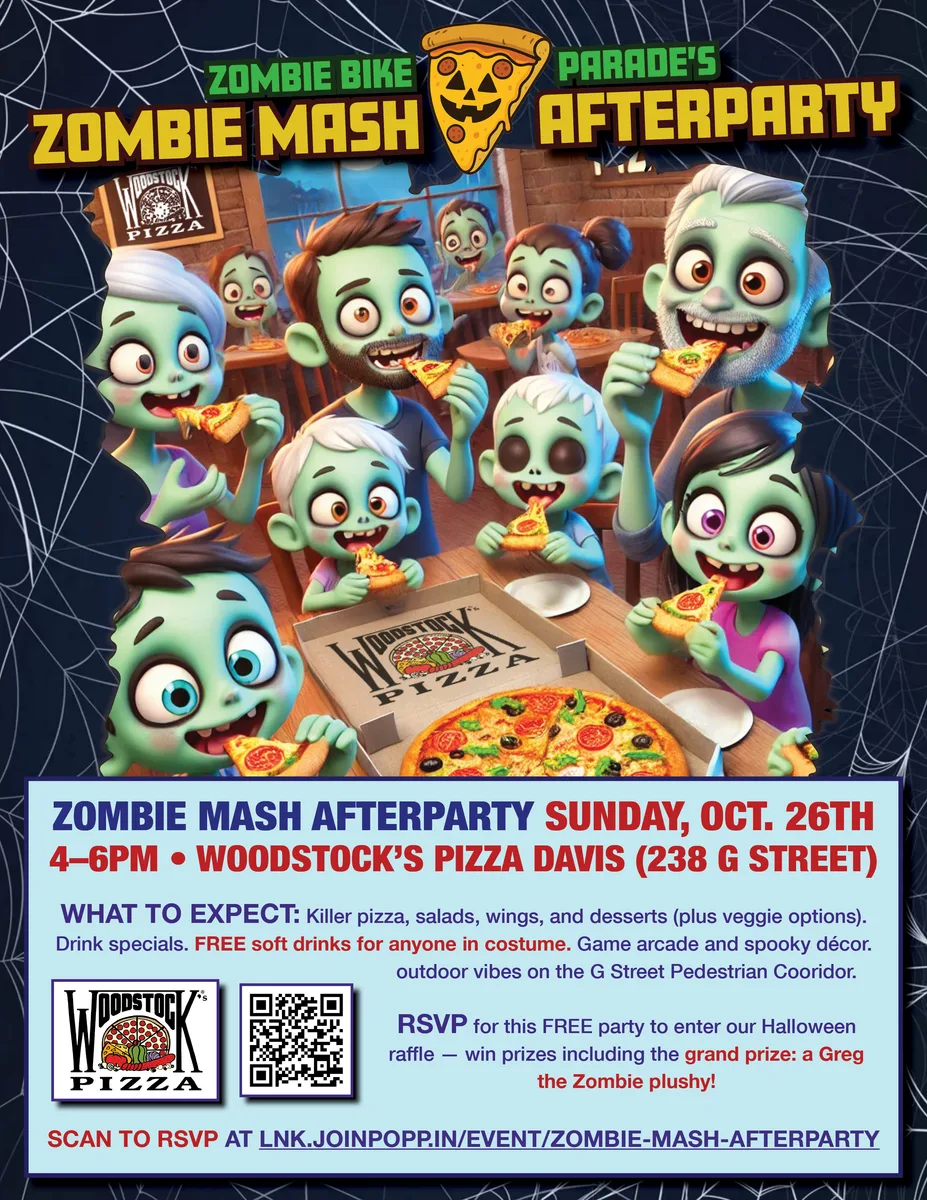 A cartoon graphic of zombies eating pizza advertising a Zombie Mash afterparty at Woodstock's Pizza.