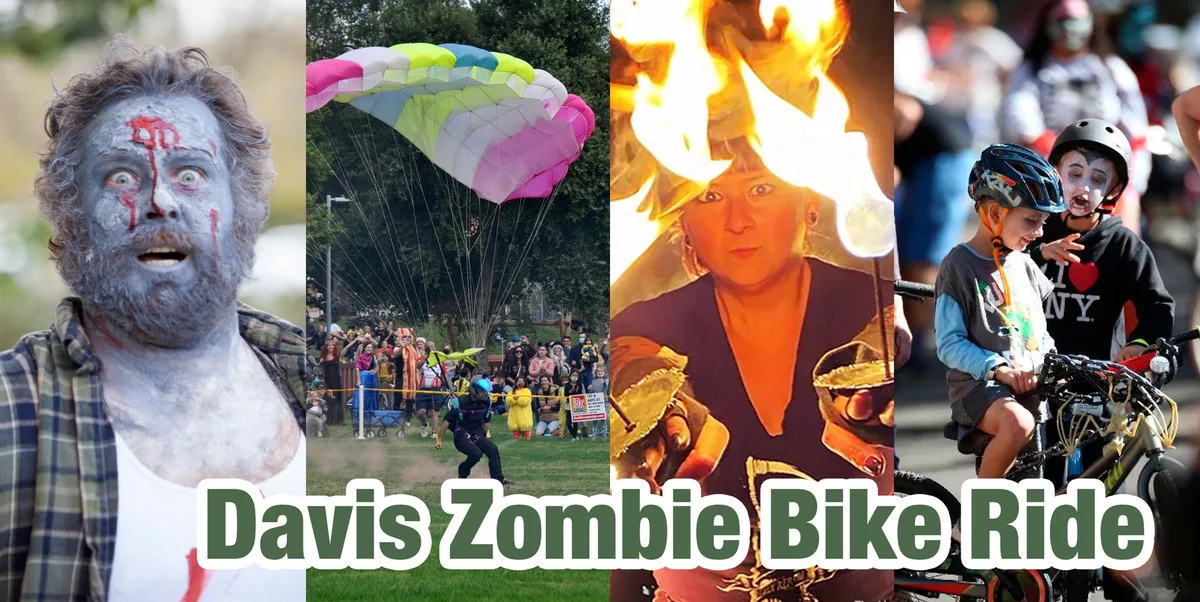 A split composite image showing a parachute over a crowd and a close-up of a fire performer.