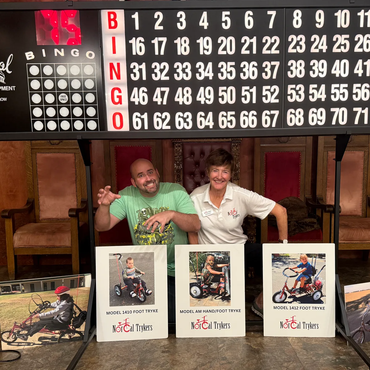 A bingo card graphic with a photo of kids on adaptive trikes inset at the bottom.