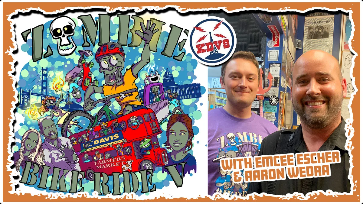 A collage graphic for the Farmers Market Ride featuring illustrated zombies and event hosts.