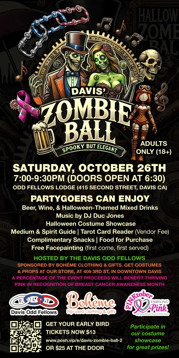 A promotional graphic for the Zombie Ball at the Odd Fellows Lodge.