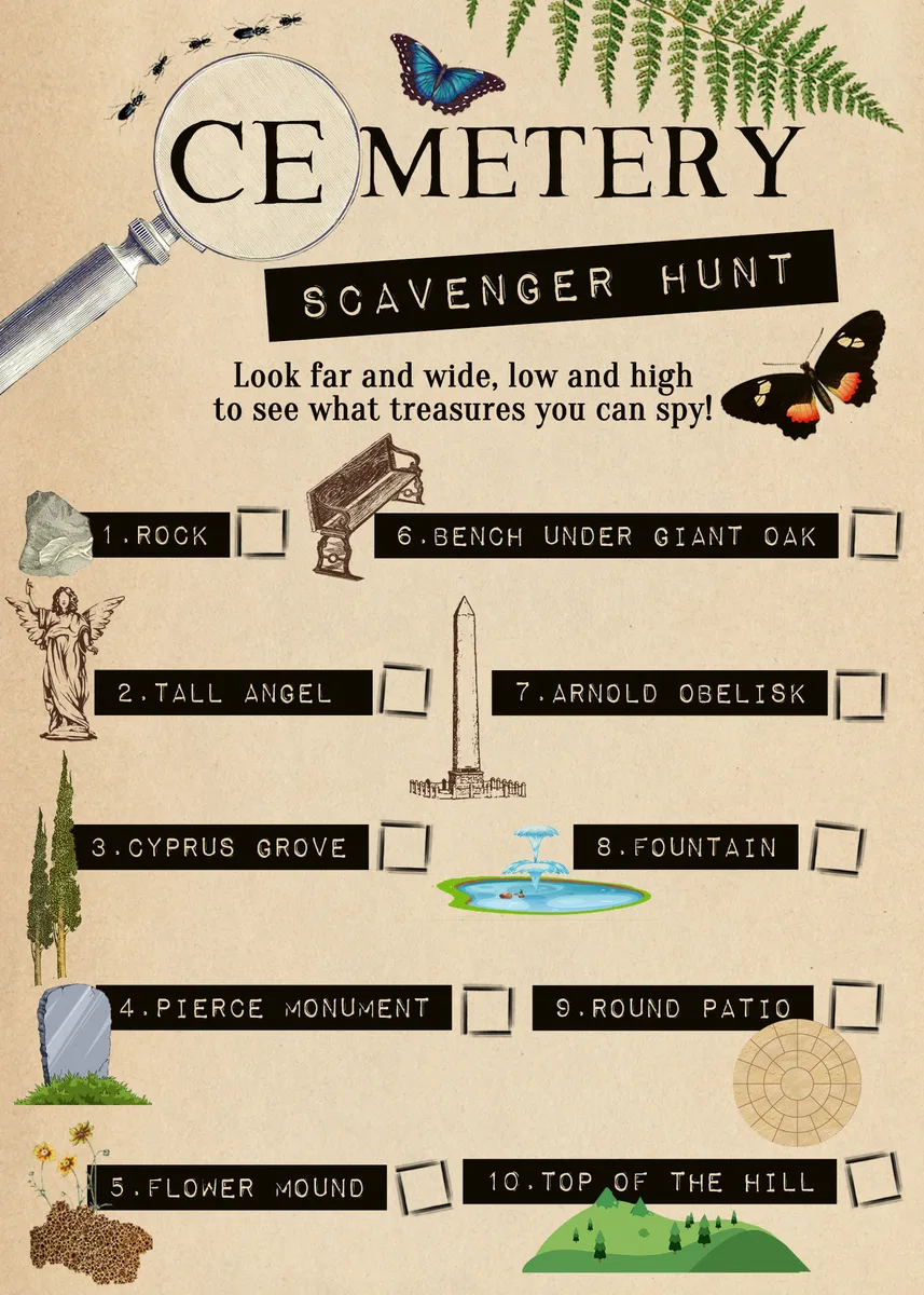 A scavenger hunt flyer listing cemetery landmarks to find.