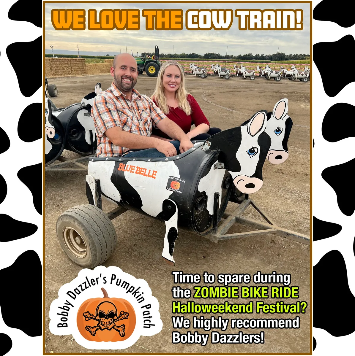 A couple sits together on the cow-print Cow Train ride at Bobby Dazzler's Pumpkin Patch.