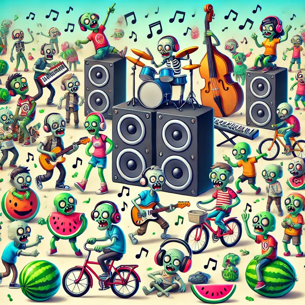 A cartoon illustration of a zombie band playing instruments among watermelons and bicycles.
