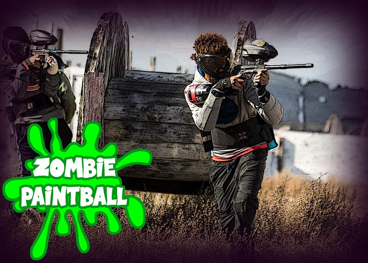 A promotional graphic for Zombie Paintball shows a player aiming behind cover.