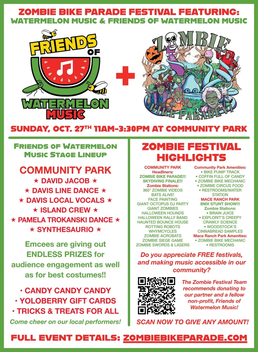 A festival flyer announcing the Watermelon Music and Zombie Bike Parade lineup.