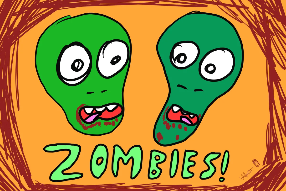 A cartoon graphic of two green zombie heads with the word Zombies.