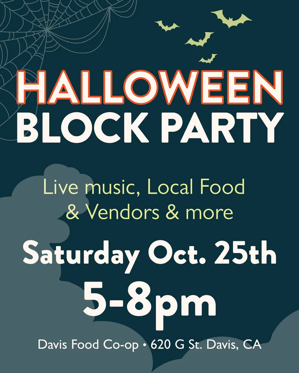 A promotional graphic for a Halloween Block Party with live music and local food.