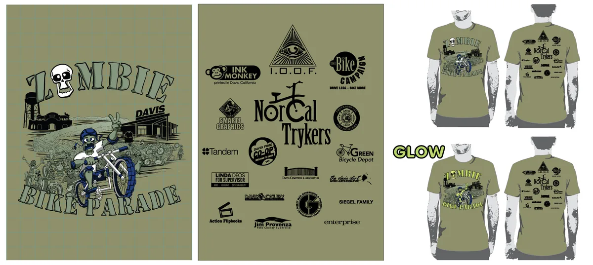 A t-shirt design mockup lists sponsor logos including I.O.O.F. and NorCal Trykers.