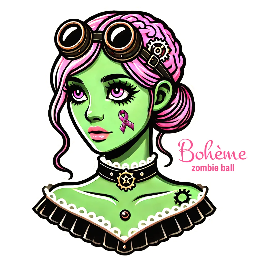 An illustrated sticker of a steampunk zombie girl for the Boheme Zombie Ball.