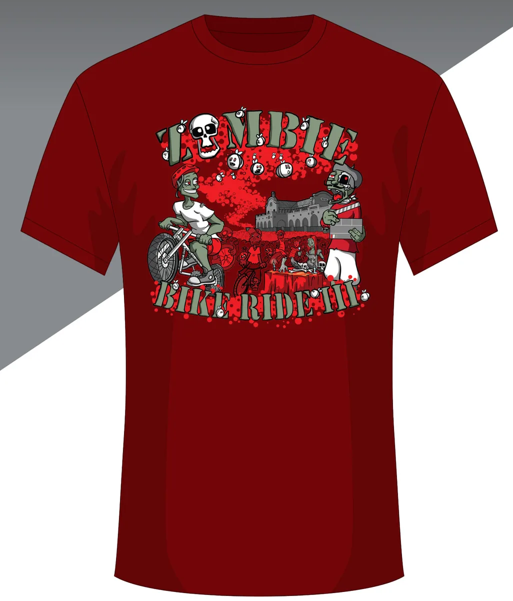 A red Zombie Bike Ride III event t-shirt is shown on a white background.