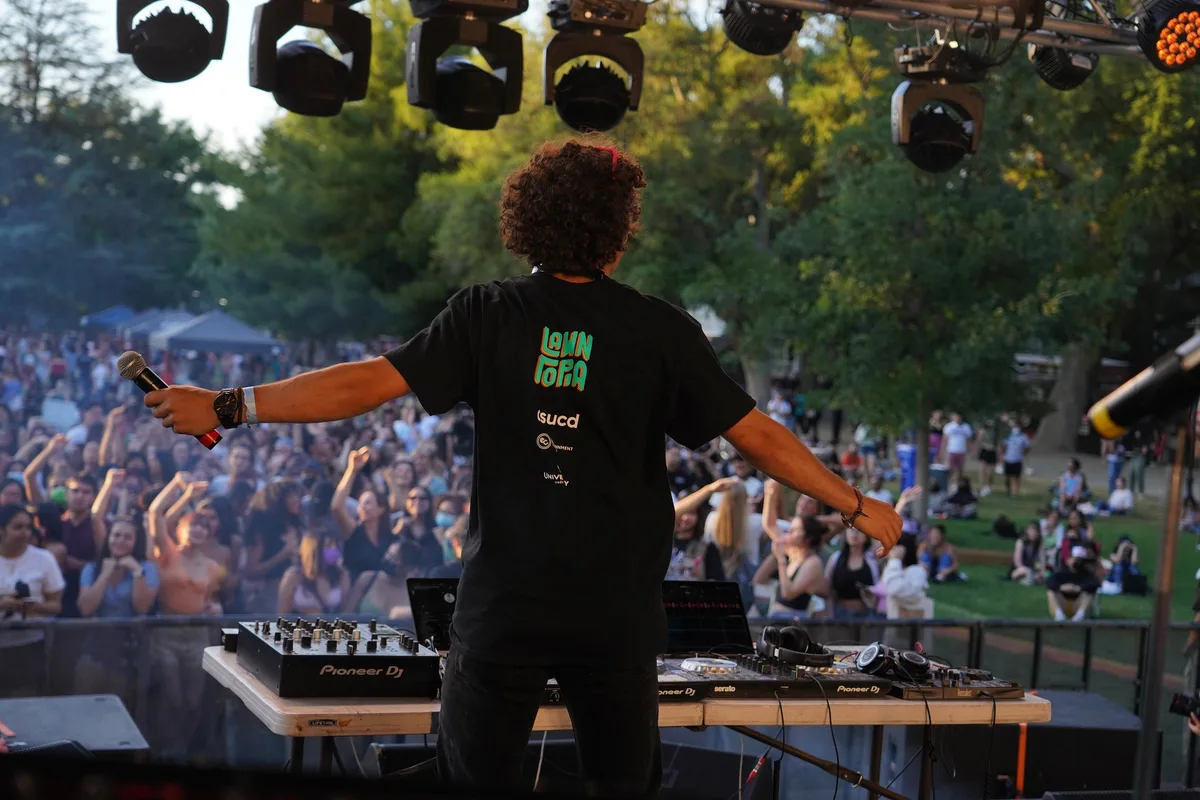 A DJ stands arms wide behind the decks facing a large crowd on the grass at dusk.