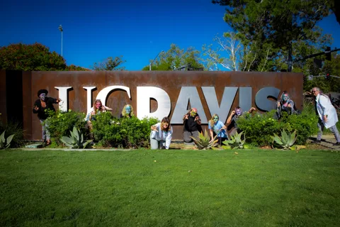 The group poses in zombie makeup among the agaves at the UC DAVIS entry sign, one kneeling in front with a hand stretched toward the camera.
